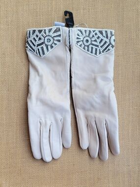 NWT Vintage Beige Beaded Leather Gloves Women's Size L/XL